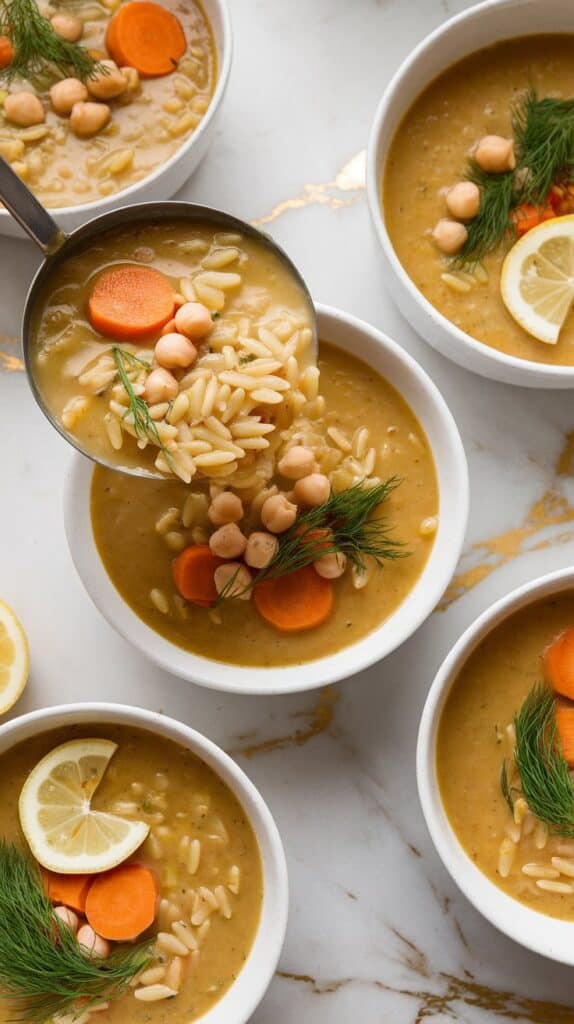 A finished soup being ladled into white bowls, garnished with fresh dill and lemon slices. The soup is golden and creamy with visible orzo, chickpeas, and sliced carrots. On white marble counters with hints of gold, natural lighting, taken with an iPhone 15 Pro from the top-down shot used by recipe bloggers.
