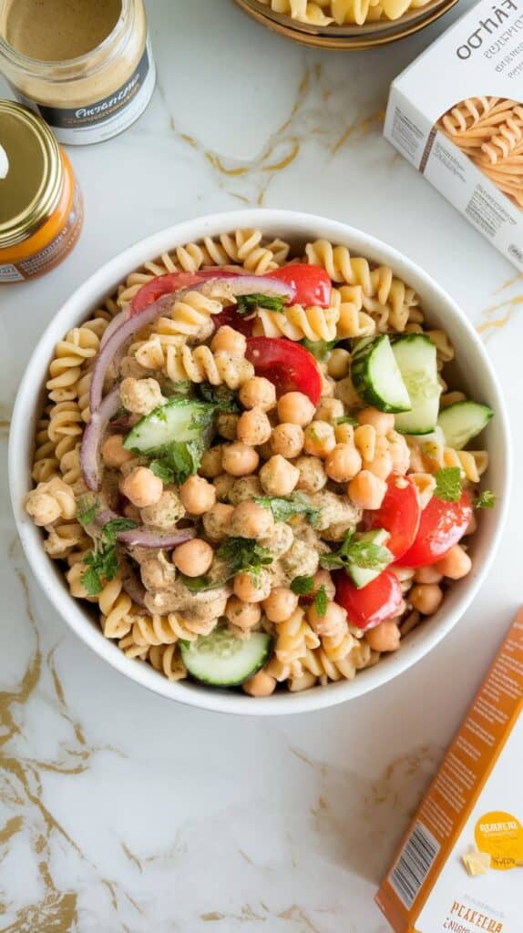 Lemon Tahini Chickpea Pasta Salad