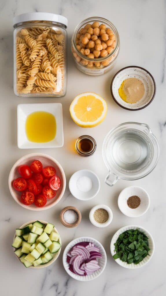 Lemon Tahini Chickpea Pasta Salad