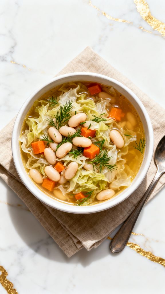 Vegan cozy Cabbage and White Bean Dill Soup