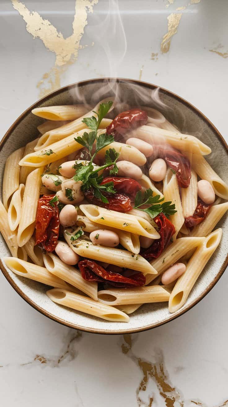 Creamy White Bean Pasta with Dried-Dried Tomatoes
