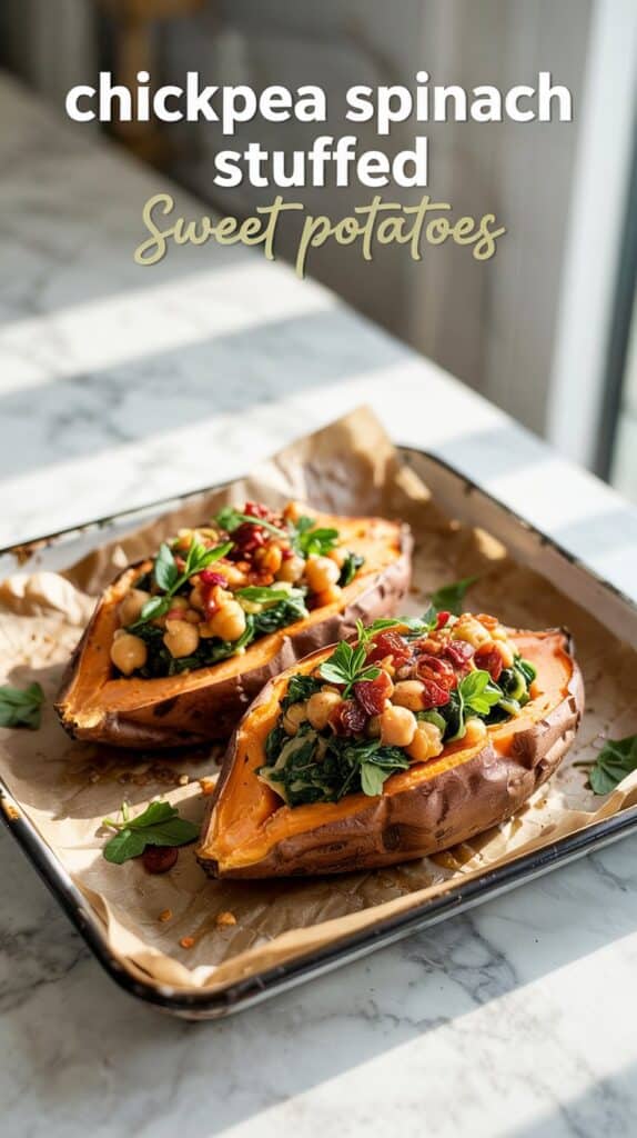 Chickpea Spinach Stuffed Sweet Potatoes That Wow 😊 FEELING STUCK on plant based meals? Chickpea Spinach Stuffed Sweet Potatoes gives you sweet potato crisps, sweet potato spinach, chickpea recipes and toasted pine nuts in a high protein vegetarian dinner that’s vegan gluten free with fresh herbs. PIN this for side salad, vegan meal prep, high protein vegan dinner, high protein vegan breakfast and plant based protein recipes!