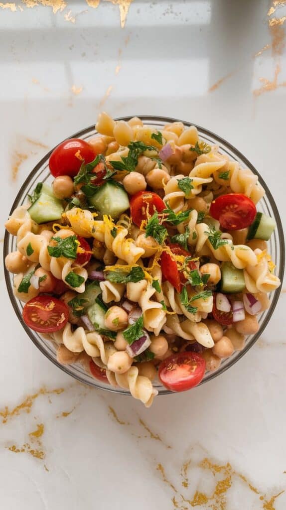 Lemon Tahini Chickpea Pasta Salad