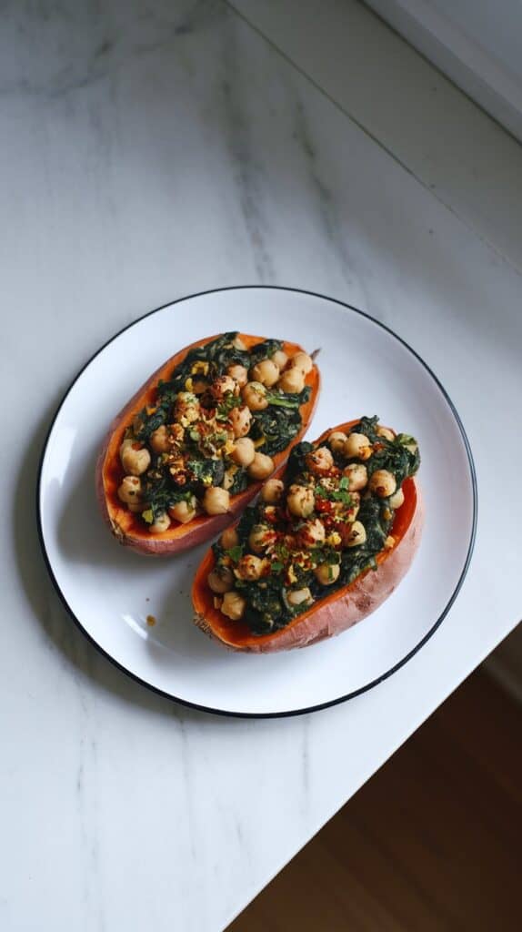 Chickpea Spinach Stuffed Sweet Potatoes