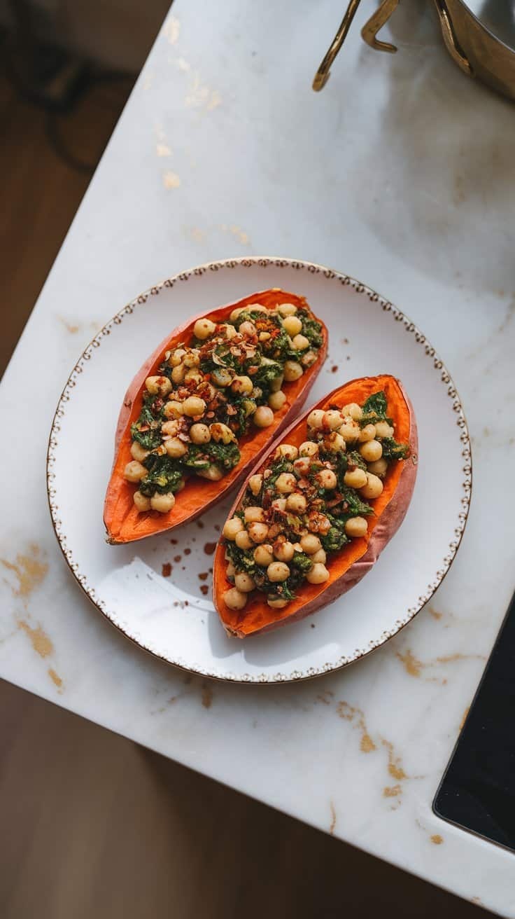 Chickpea Spinach Stuffed Sweet Potatoes
