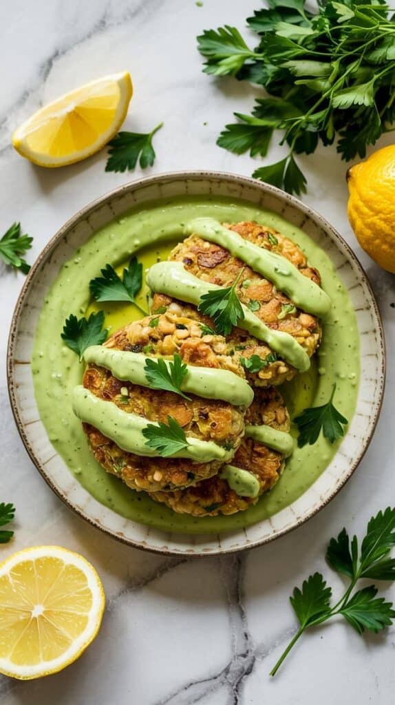 Quinoa Chickpea Patties with Avocado Sauce