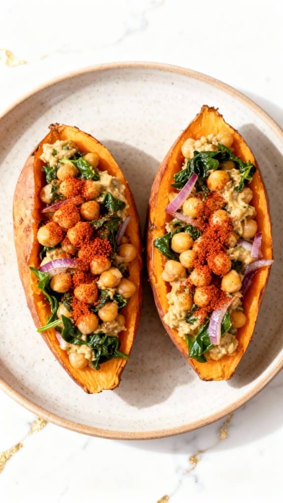 Chickpea Spinach Stuffed Sweet Potatoes
