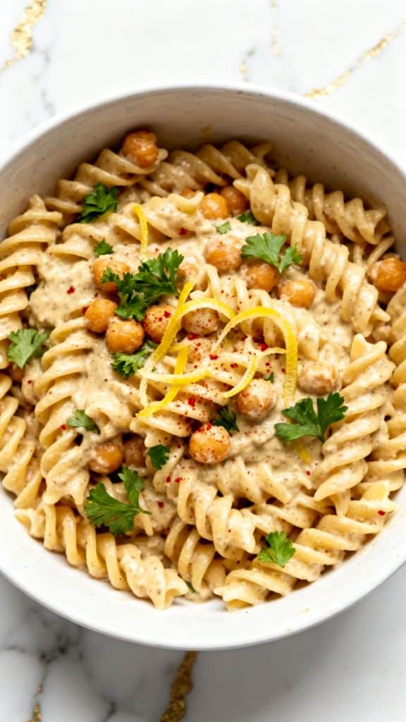 Lemon Tahini Chickpea Pasta