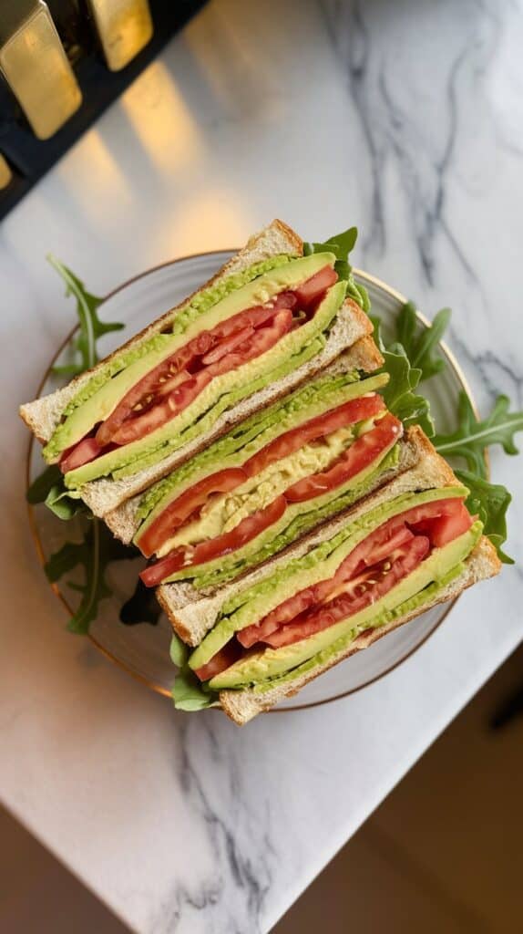 Avocado and Tomato Sandwich .