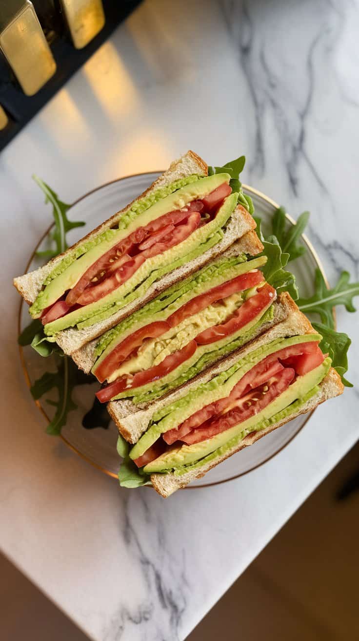 Avocado and Tomato Sandwich .