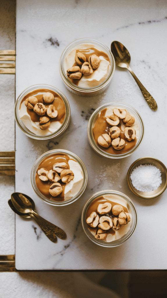 Salted Caramel Silken Tofu with Hazelnuts: silken tofu layered with salted caramel sauce and roasted hazelnuts.