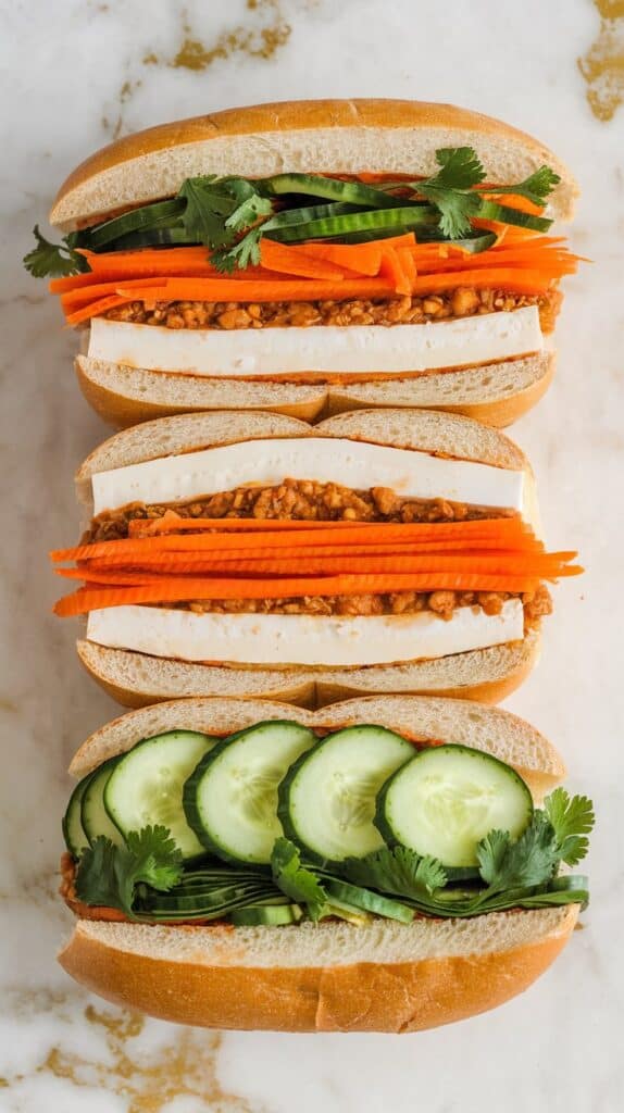 Asian Silken Tofu Banh Mi: ginger-steamed silken tofu served in a baguette with pickled carrots, cucumber, and chili sauce.