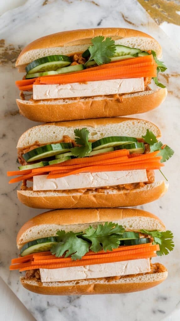 Asian Silken Tofu Banh Mi: ginger-steamed silken tofu served in a baguette with pickled carrots, cucumber, and chili sauce.