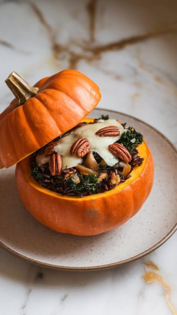 Savory Stuffed Pumpkin with Wild Rice & Kale