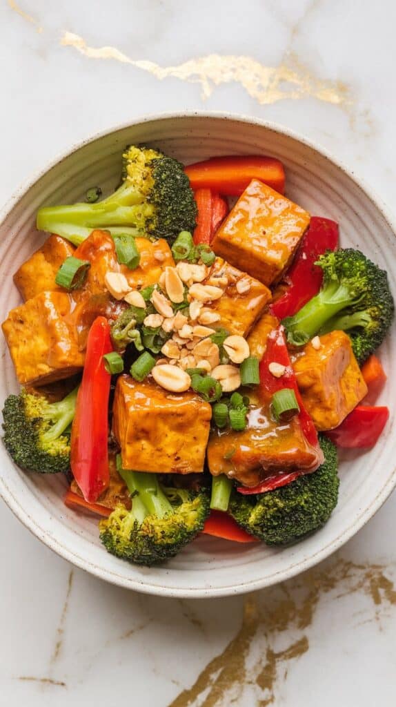 Crispy Tofu Stir Fry with Garlic-Sesame Glaze & Peanuts