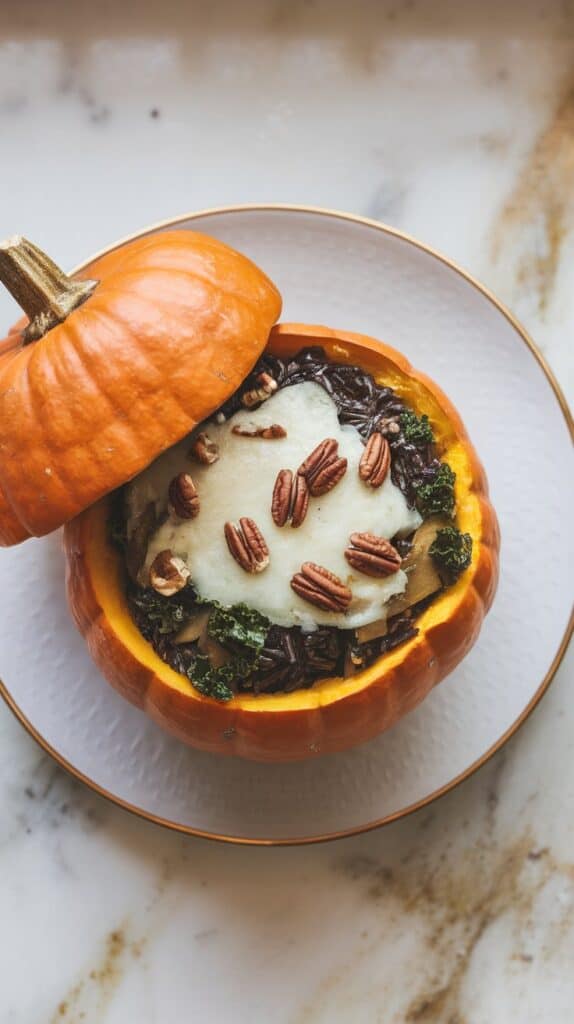 Savory Stuffed Pumpkin with Wild Rice & Kale