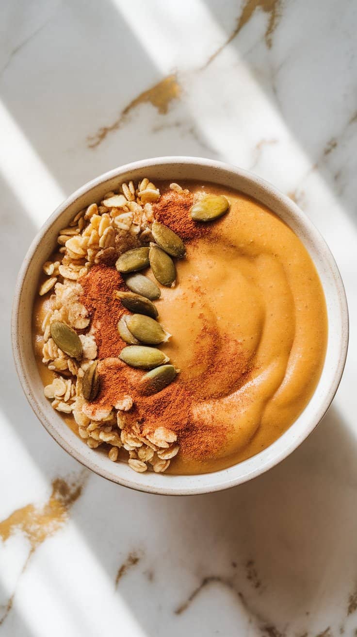 Pumpkin Smoothie Bowl with Granola & Pumpkin Seeds.