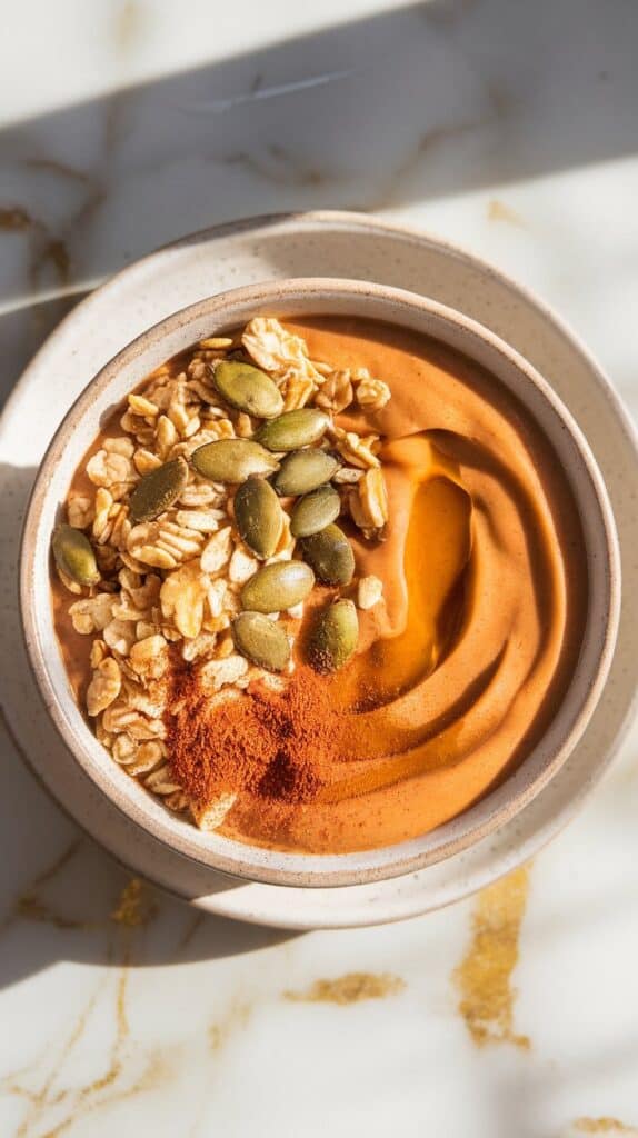 Pumpkin Smoothie Bowl with Granola & Pumpkin Seeds.
