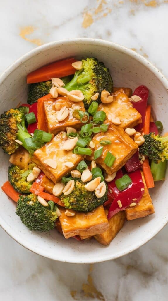 Crispy Tofu Stir Fry with Garlic-Sesame Glaze & Peanuts