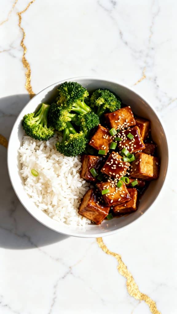 Teriyaki Tofu with Rice and Broccoli