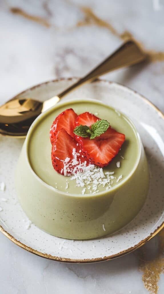 Vegan Matcha Coconut Panna Cotta with Fresh Strawberries