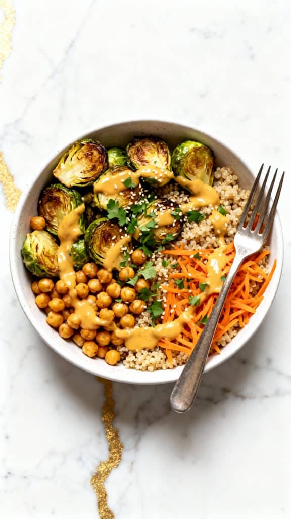 Vegan Maple Roasted Brussels & Chickpea Bowl