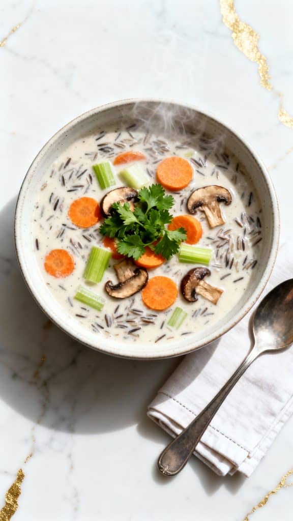 Top-down shot of creamy wild rice soup with sliced carrots, celery, and mushrooms cooked until tender, served in a round ceramic bowl, topped with fresh parsley, steam rising warmly, with a spoon and neatly folded napkin placed beside it; on white marble counters with hints of gold; taken with an iPhone 15 Pro, top-down shot used by recipe bloggers.
