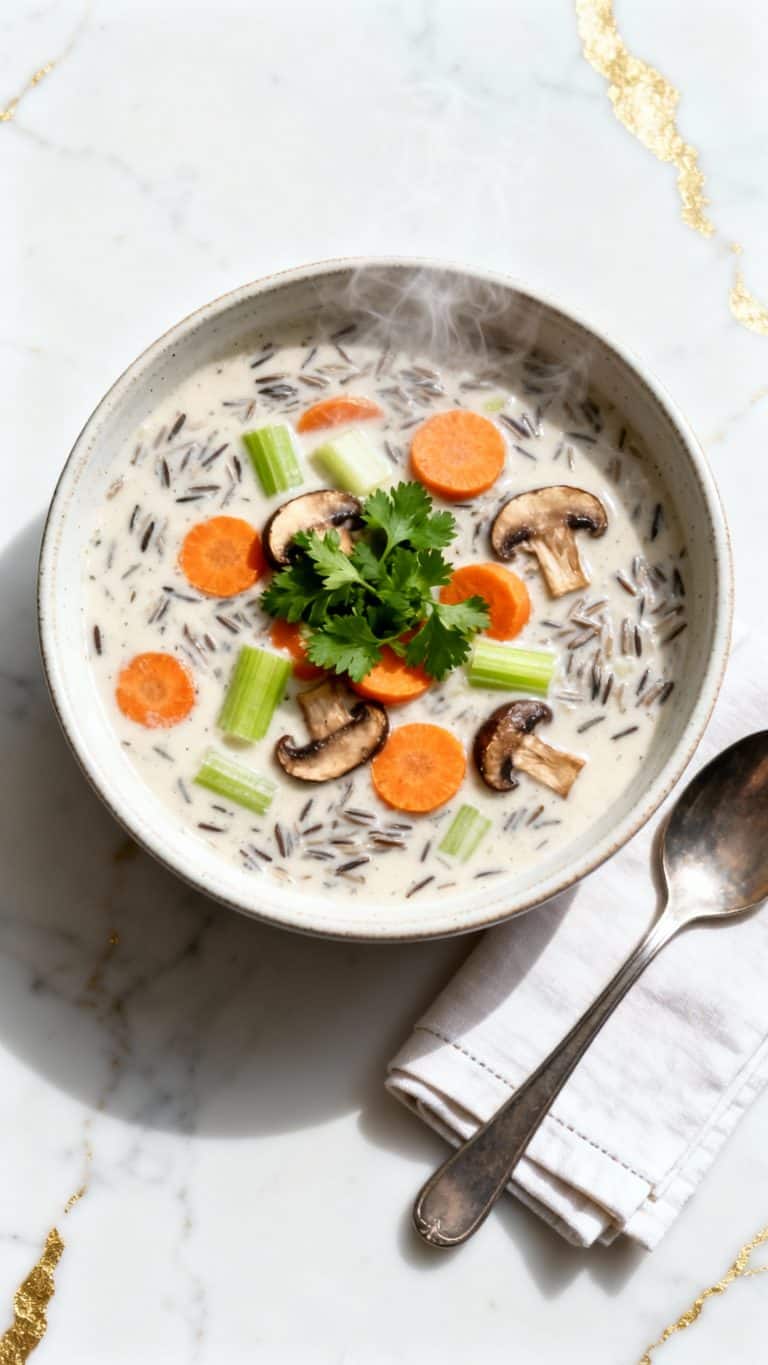 Top-down shot of creamy wild rice soup with sliced carrots, celery, and mushrooms cooked until tender, served in a round ceramic bowl, topped with fresh parsley, steam rising warmly, with a spoon and neatly folded napkin placed beside it; on white marble counters with hints of gold; taken with an iPhone 15 Pro, top-down shot used by recipe bloggers.