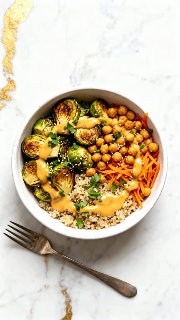 Vegan Maple Roasted Brussels & Chickpea Bowl