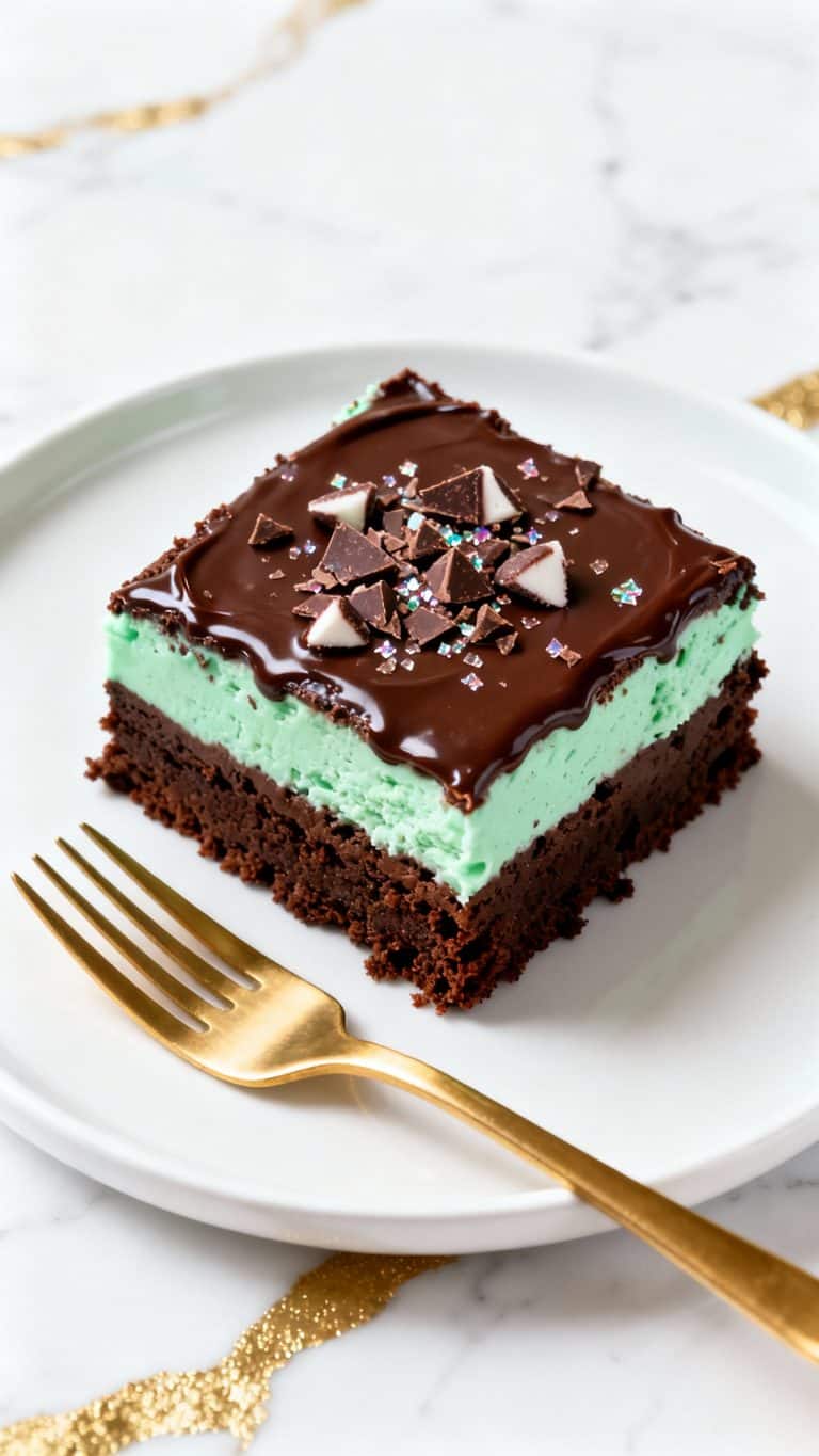 An ultra close-up shot of a square chocolate brownie topped with mint frosting, featuring three distinct layers: a thick and moist chocolate brownie base, a smooth green mint buttercream layer, and a glossy chocolate ganache topping. Garnished with crushed chocolate mint candies. Served on a round white plate with a golden fork. A straight 90-degree top-down shot with no tilt, captured directly overhead, placed on a white marble surface with hints of gold.
