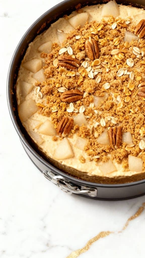 The peeled pear pieces are placed on top of the cheesecake, adding a fresh and juicy touch to the crumble topping.