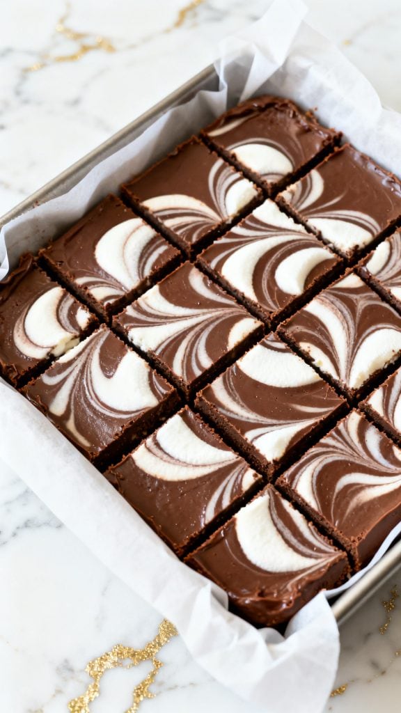 Ultra close-up shot of **white marshmallow cream dollops swirled into warm chocolate fudge inside a square baking dish**, creating **clear white marshmallow swirl patterns**, with a **smooth and glossy chocolate texture**, **a straight 90-degree top-down shot with no tilt, captured directly overhead**, white marble with gold hints background.
