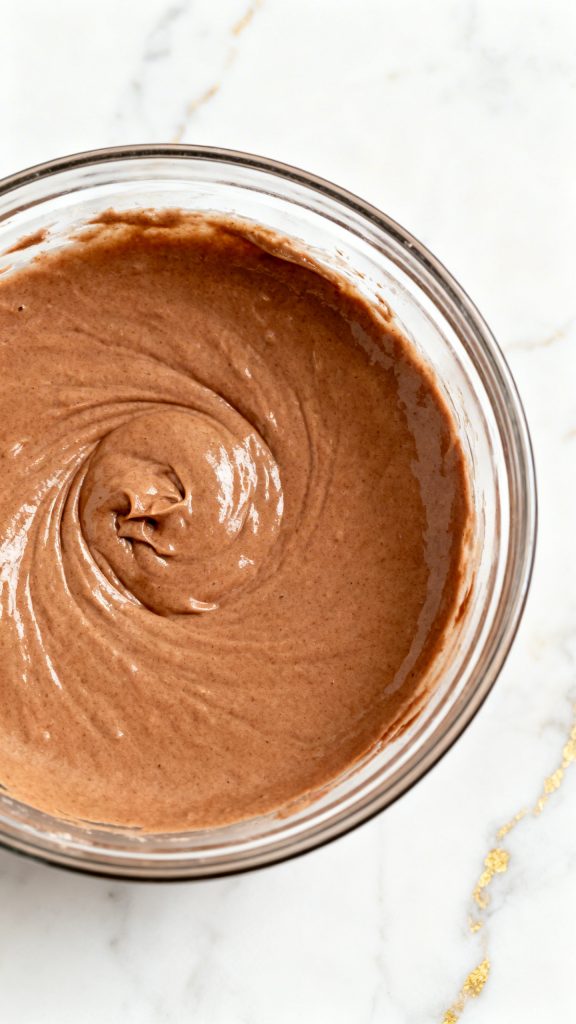 Ultra close-up of fully mixed light brown cocoa batter in a clear glass bowl, thick and smooth consistency with no dry streaks, surface glossy and evenly blended, a straight 90-degree top-down shot with no tilt, captured directly overhead, white marble surface with subtle gold hints
