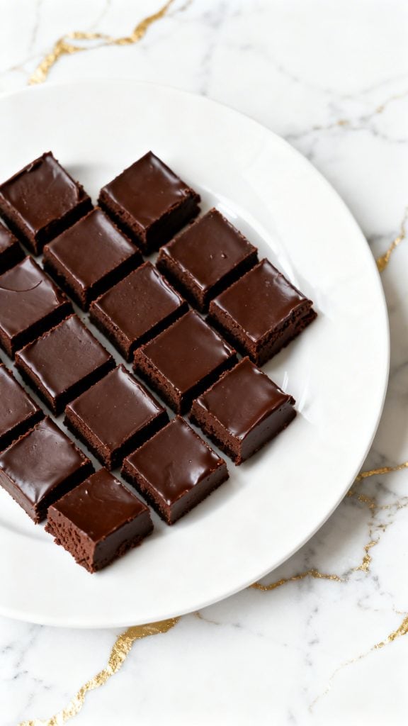 Ultra close-up of vegan chocolate fudge cut into separate neat square pieces, smooth glossy surface with a slightly soft center, neatly arranged on a round white plate, rich dark chocolate color with a subtle shine, a straight 90-degree top-down shot with no tilt, captured directly overhead, on white marble with gold veining
