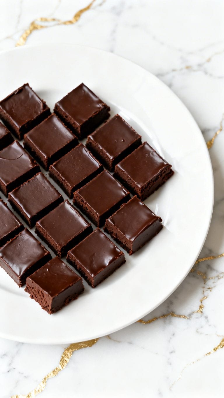Ultra close-up of vegan chocolate fudge cut into separate neat square pieces, smooth glossy surface with a slightly soft center, neatly arranged on a round white plate, rich dark chocolate color with a subtle shine, a straight 90-degree top-down shot with no tilt, captured directly overhead, on white marble with gold veining