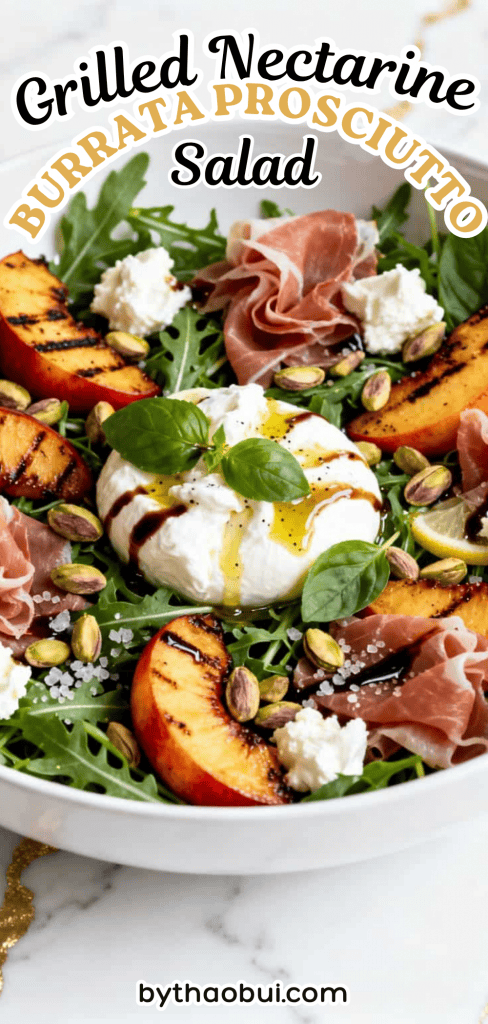 Some summer days are too hot to think about cooking a heavy meal, but takeout gets old fast. Grilled Nectarine Burrata Prosciutto Salad is a Refreshing Salad packed with Grilled Nectarine Salad flavors, creamy burrata, and juicy fruit for an easy lunch or dinner. Save this for your collection of Summer Salad Recipes and Easy Summer Meals 🌿🍑