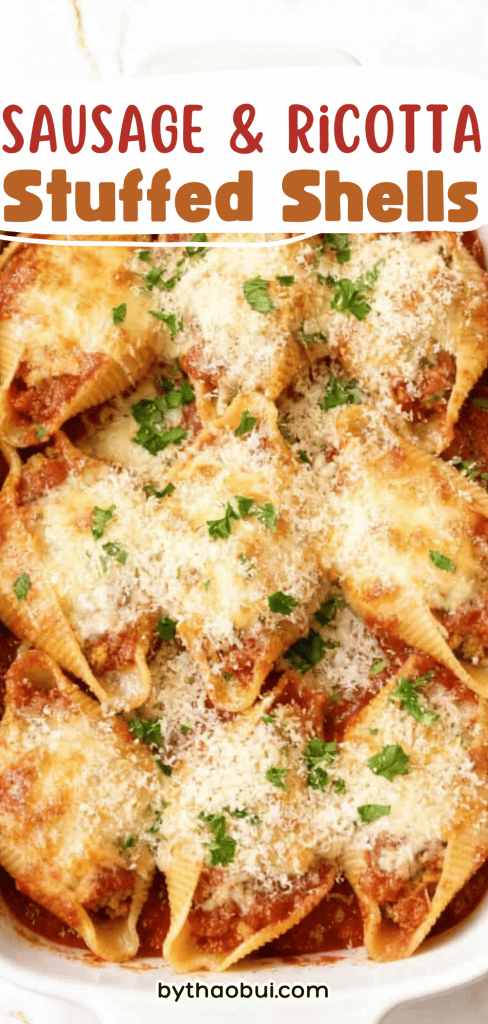 Ever have one of those nights when everyone wants something hearty and comforting for dinner? Sausage & Ricotta Stuffed Shells are packed with a creamy ricotta filling, savory sausage marinara, and tender jumbo pasta shells baked until bubbly. Save this baked stuffed shells recipe for your next cozy family meal. ❤️