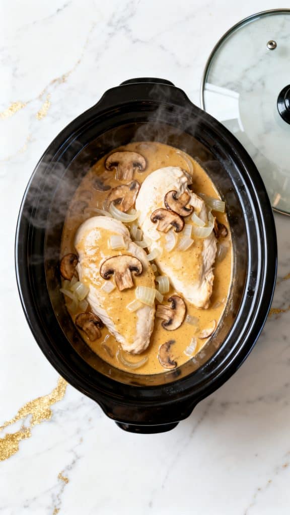 Top-down shot of raw boneless skinless chicken breasts on a large white round plate, Italian dressing seasoning in a small white bowl, sliced unsalted butter on a small white round plate, cream of chicken soup in a white bowl, golden mushroom soup in a white bowl, softened cubed cream cheese on a small white round plate, chicken broth in a clear glass jar, sliced mushrooms in a white bowl, whole onion placed directly on the surface with no holder, uncooked angel hair pasta neatly arranged on a large white round plate, chopped fresh parsley in a small white bowl, salt in a small white bowl, ground pepper in a small white bowl, every ingredient fully visible and neatly spaced apart, main object fully in frame and not cropped out, a straight 90-degree top-down shot with no tilt, captured directly overhead, white marble with hints of gold
