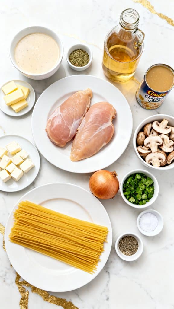 Top-down shot of raw boneless skinless chicken breasts on a large white round plate, Italian dressing seasoning in a small white bowl, sliced unsalted butter on a small white round plate, cream of chicken soup in a white bowl, golden mushroom soup in a white bowl, softened cubed cream cheese on a small white round plate, chicken broth in a clear glass jar, sliced mushrooms in a white bowl, whole onion placed directly on the surface with no holder, uncooked angel hair pasta neatly arranged on a large white round plate, chopped fresh parsley in a small white bowl, salt in a small white bowl, ground pepper in a small white bowl, every ingredient fully visible and neatly spaced apart, main object fully in frame and not cropped out, a straight 90-degree top-down shot with no tilt, captured directly overhead, white marble with hints of gold
