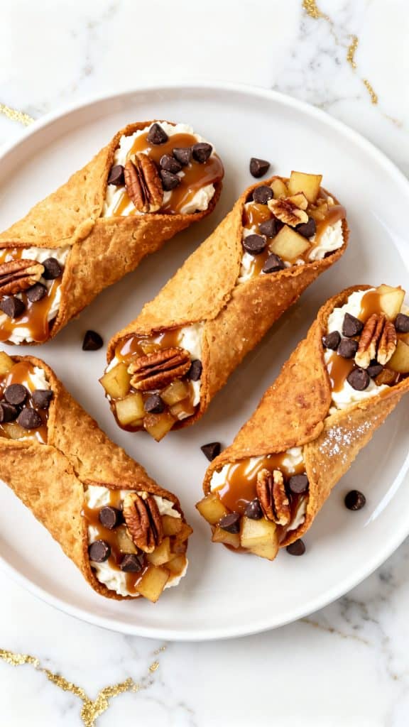 Ultra close-up of a creamy white caramel apple filling made with smooth ricotta cheese, softened mascarpone cheese, powdered sugar, dark liquid vanilla extract, caramel sauce, and cooked diced cinnamon apples fully mixed together, being piped into crisp cannoli shells, the creamy white cheese filling with small cinnamon apple pieces evenly distributed throughout, the cannoli shells filled evenly from both ends and arranged on a tray, every cannoli shell fully visible, the main object fully inside the frame with enough space around all edges, no cropping, no cut-off parts, centered composition, a straight 90-degree top-down shot with no tilt, captured directly overhead, on white marble with gold hints.
