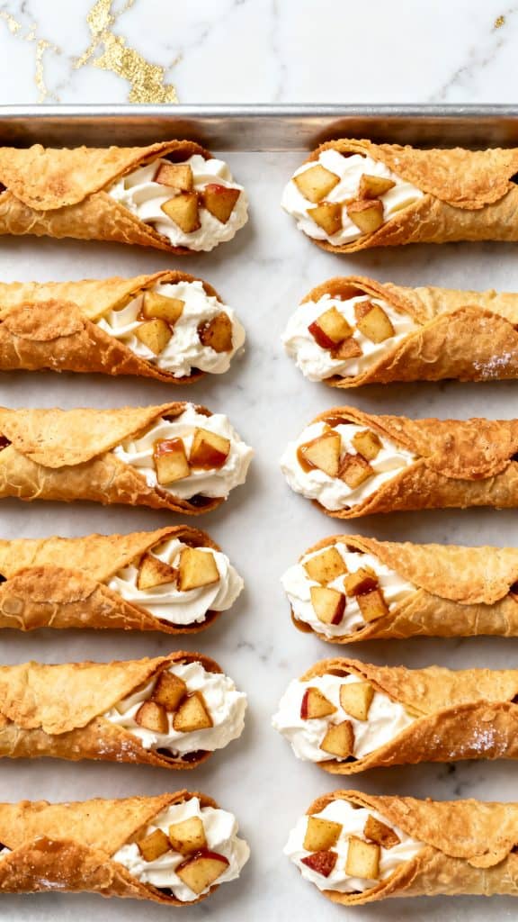 Ultra close-up of a creamy white caramel apple filling made with smooth ricotta cheese, softened mascarpone cheese, powdered sugar, dark liquid vanilla extract, caramel sauce, and cooked diced cinnamon apples fully mixed together, being piped into crisp cannoli shells, the creamy white cheese filling with small cinnamon apple pieces evenly distributed throughout, the cannoli shells filled evenly from both ends and arranged on a tray, every cannoli shell fully visible, the main object fully inside the frame with enough space around all edges, no cropping, no cut-off parts, centered composition, a straight 90-degree top-down shot with no tilt, captured directly overhead, on white marble with gold hints.
