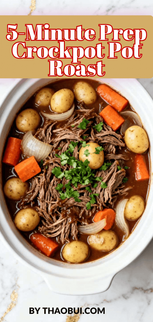 Some days call for a hearty dinner that practically cooks itself. This 5-Minute Prep Crockpot Pot Roast makes a super tender pot roast with carrots and potatoes in a rich savory sauce. Save this easy crockpot pot roast for your next cozy family meal. 📌